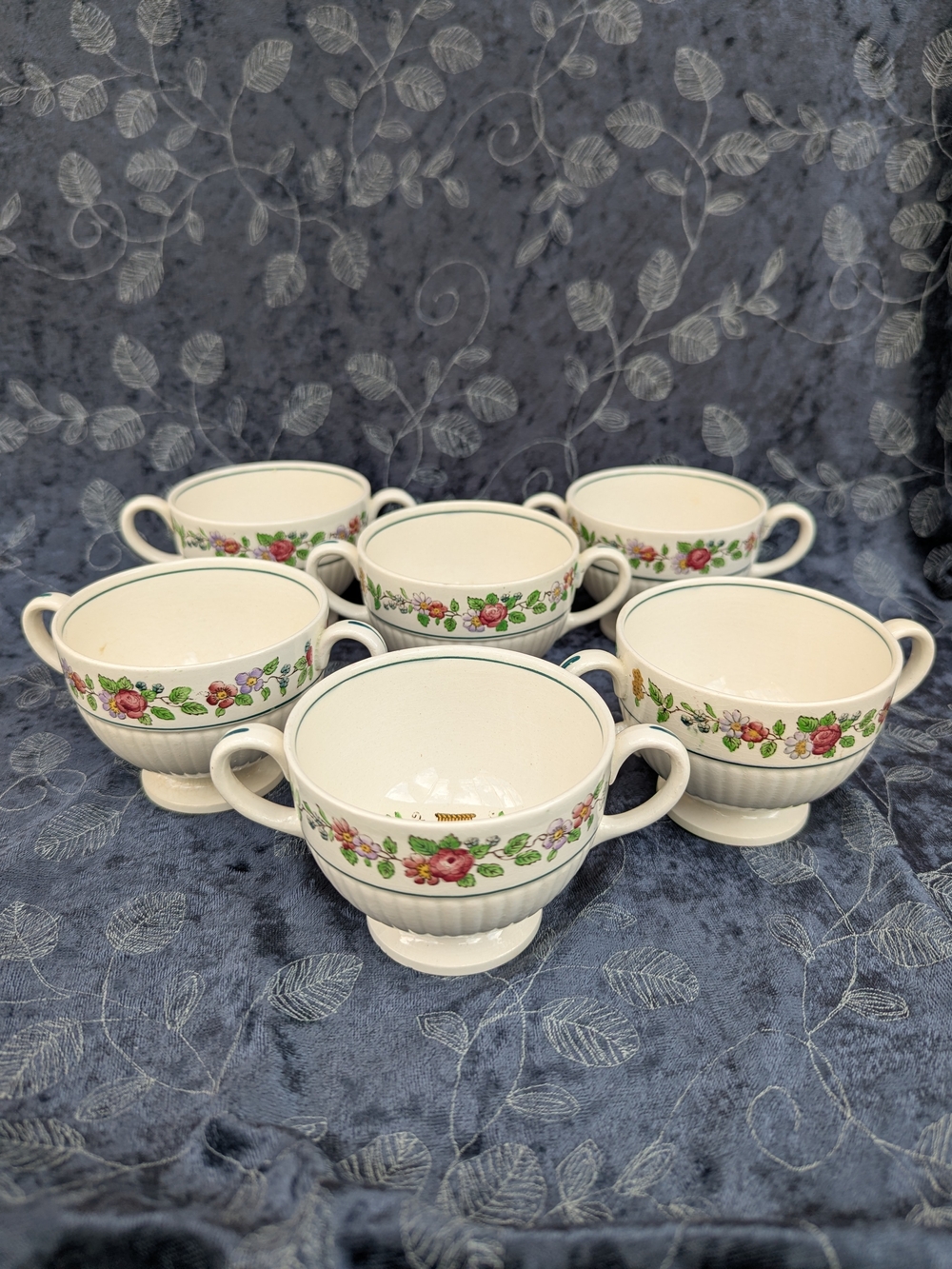 VTG Wedgwood Etruria Double Handle Cream Soup Bowls Set Of 6 Floral Basket